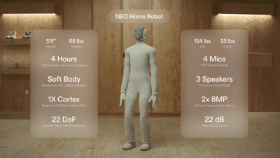 The 1X Neo humanoid robot standing in a modern home environment.